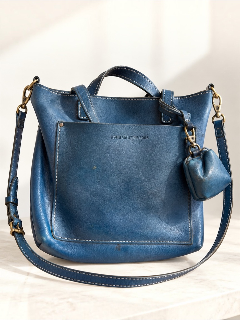 Portland Leather Goods Blue Leather Crossbody Tote Shoulder Bag